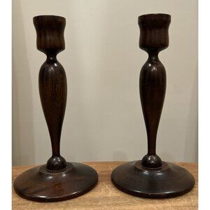 Vintage Pair of Turned Candlestick Holders Brass Lined Dark Stained Wood 9” Tall